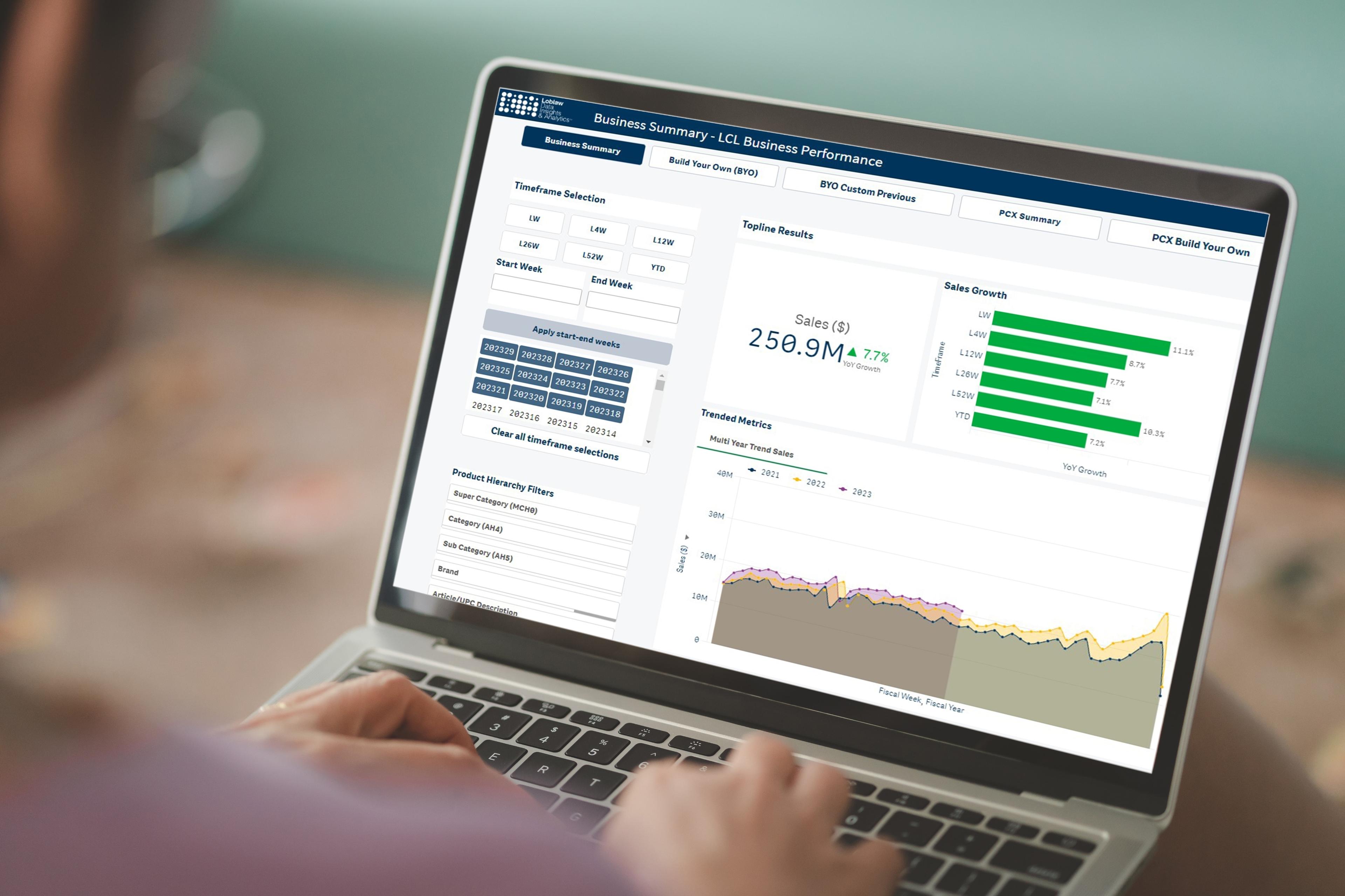 Une personne qui consulte les résultats de l’entreprise et un tableau de bord sur son ordinateur portable.