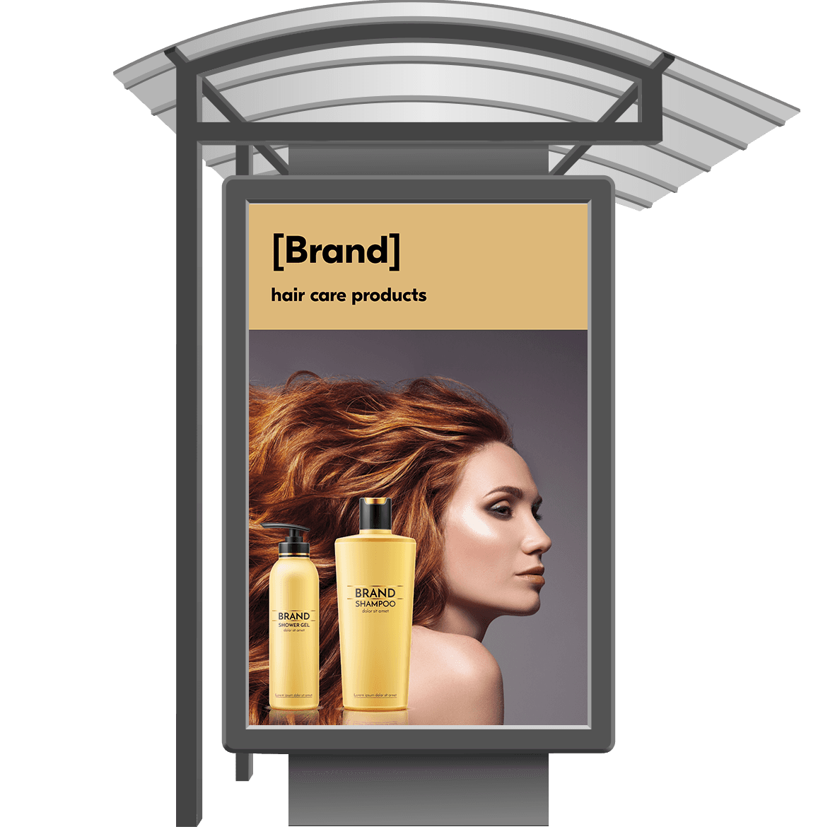 A bus stop advertisement for shampoo and shower gel, featuring a model with flowing red hair. 