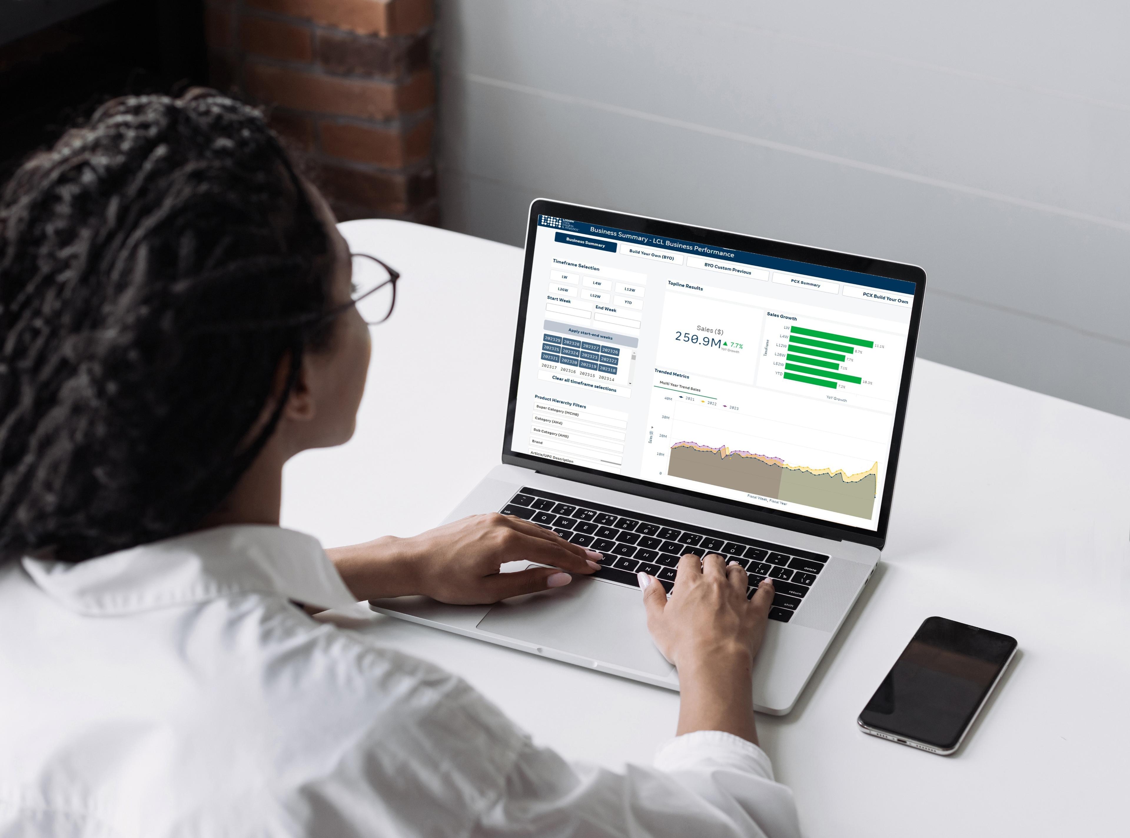 A woman looks at an analytics dashboard on her laptop.